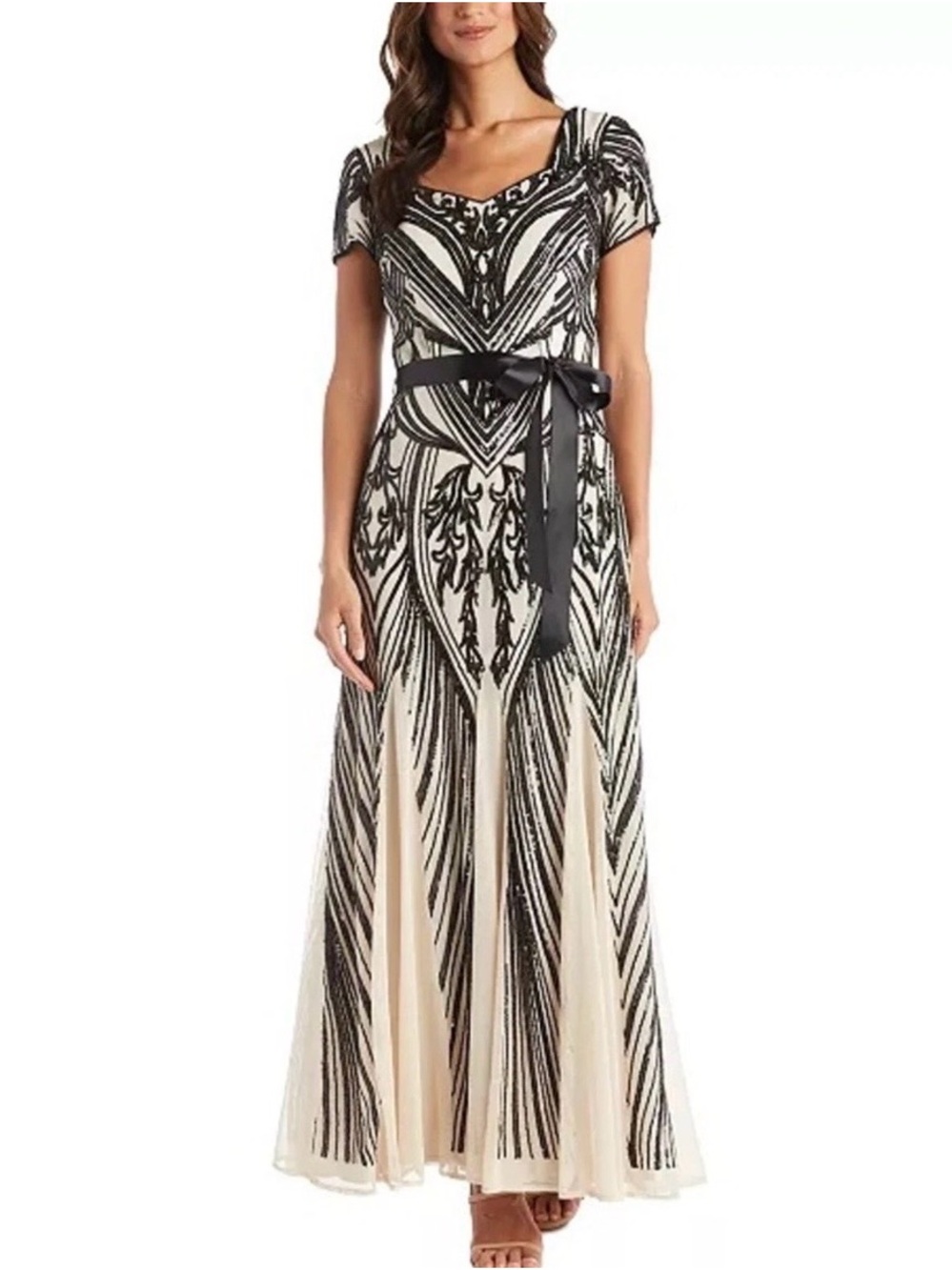 R&M Richards Black and Cream Beaded Maxi Dress (No waist tie ) Size 6